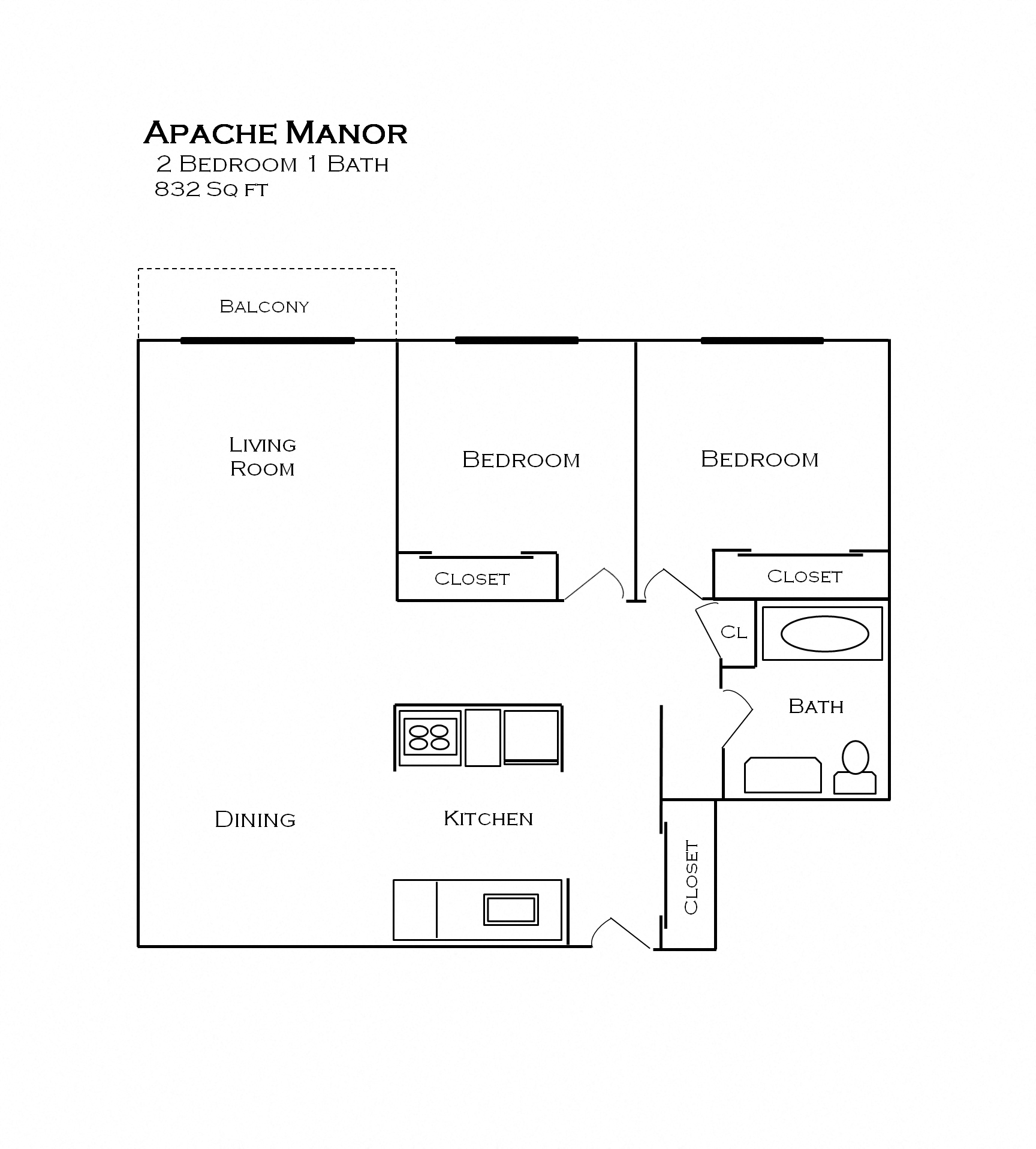 Floor plan for 2 beds, 1 bath, 832 sqft
